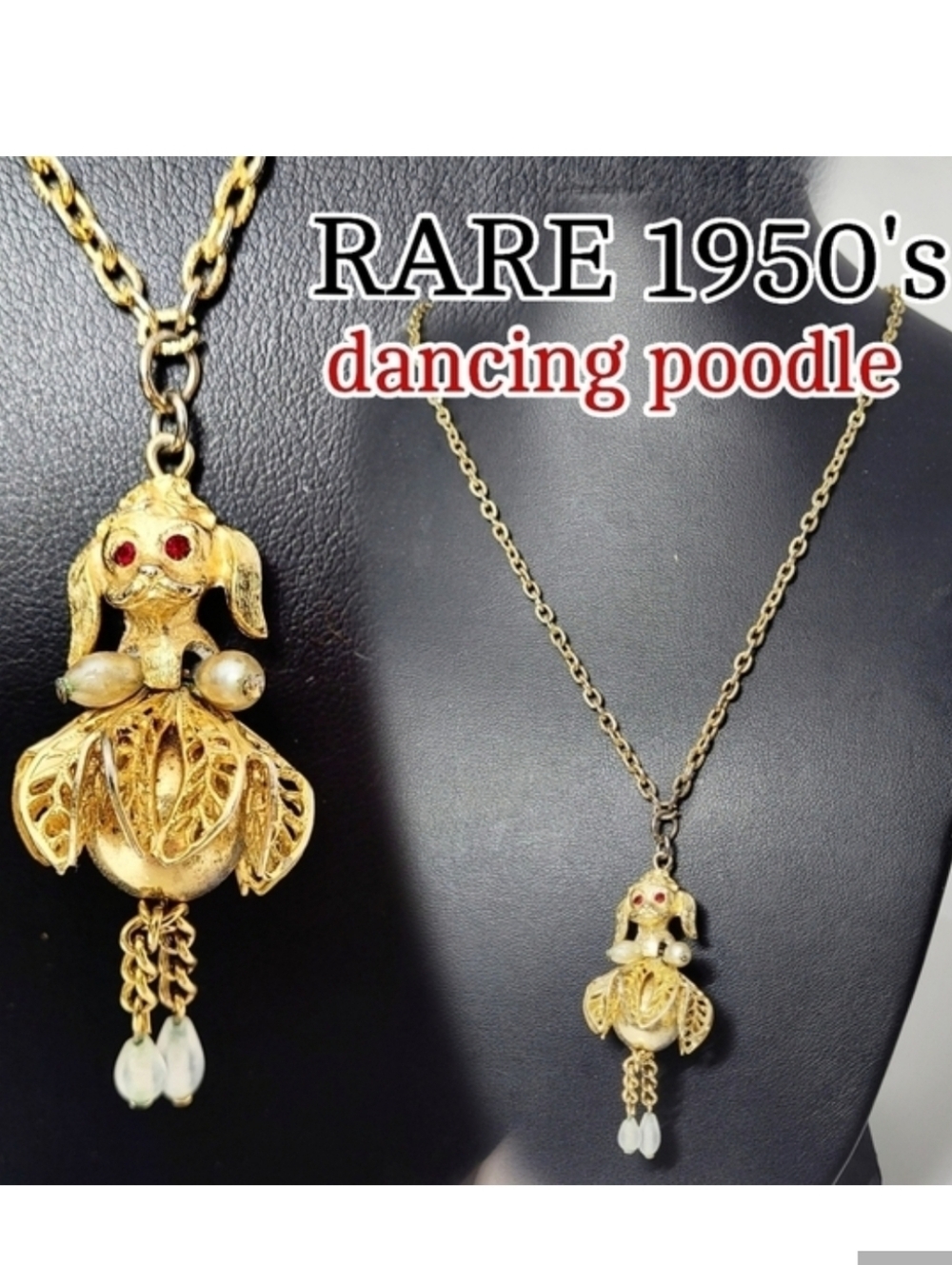 Vintage Gold Tone Dancing Poodle Faux Pearl & Ruby  Necklace